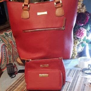 3 PIECE JOY IMAN  Red Tote With Cosmetic Case & Wallet Bag Set